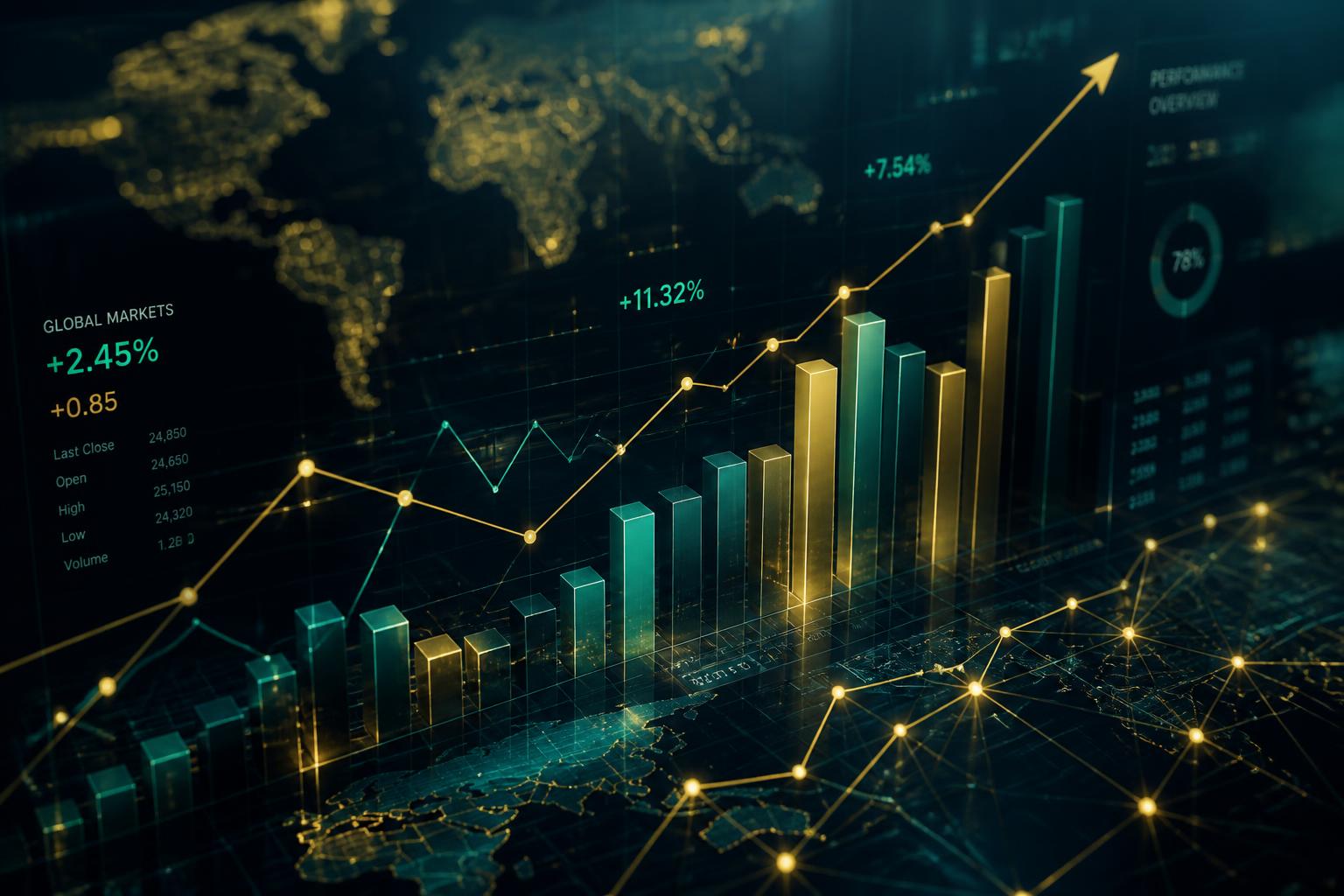 Global financial markets dashboard with rising performance charts and network analysis